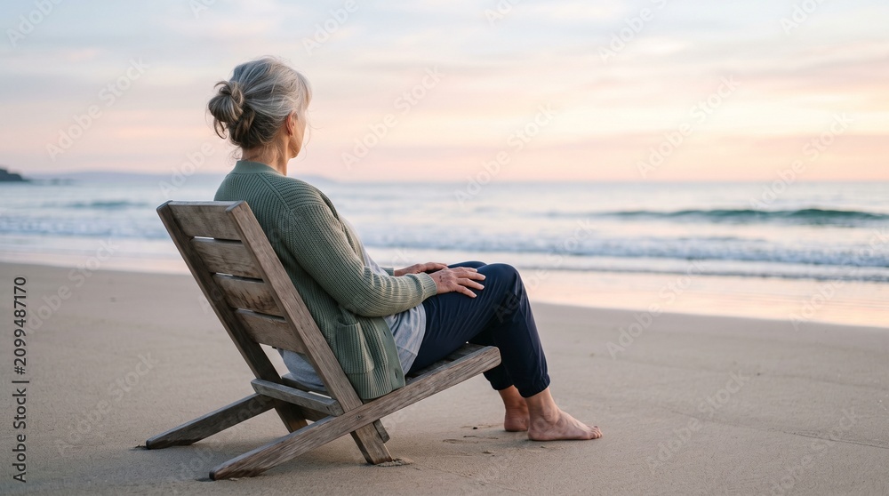 Fototapeta premium Senior woman sitting on wooden chair on beach looking at ocean sunset