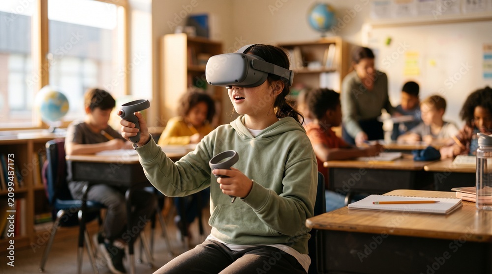 Fototapeta premium Diverse girl using virtual reality headset in classroom