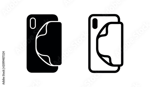 Foto Smartphone screen protector installation icons, black and white silhouette