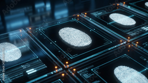 Futuristic biometric fingerprint scanning system for digital identity verification, cybersecurity and secure access control.