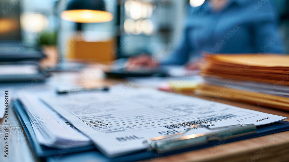 Naklejka premium Close-up of airway bill and cargo documentation on a desk at an air freight office, international shipping paperwork concept, defocused office in background, airway bill