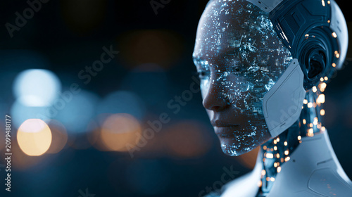 Futuristic humanoid robot with a glowing digital face, representing advanced artificial intelligence and the future of human-robot interaction, defocused dark background, humanoid