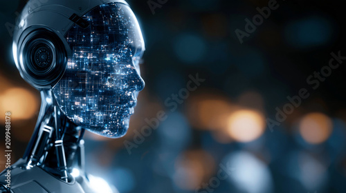 Futuristic humanoid robot with a glowing digital face, representing advanced artificial intelligence and the future of human-robot interaction, defocused dark background, humanoid