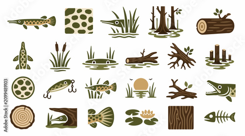 Tableau sur toile Flat Design Icons of Aquatic Life and Nature Elements.