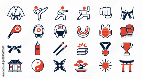 Obraz na plátně Colorful martial arts and cultural symbols icon set.
