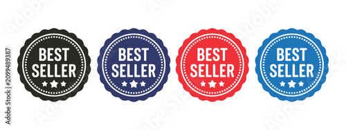 Best Seller Badge Icon Set Featuring Colorful Product Labels, Gold Stars, Ribbons, Premium Seals, Award Emblems, And Sale Stickers, Clean Minimalist Vector Graphics Isolated On White Background.