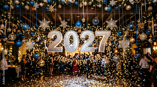 Grand 2027 new year celebration with confetti and festive decor, celebration