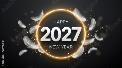 Minimalist 2027 happy new year greeting with soft white feathers, minimalist