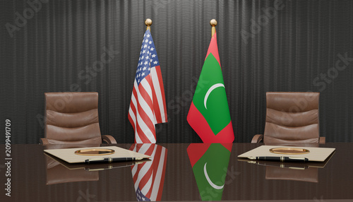 Konstfotografi Diplomatic Meeting: Two national flags stand proudly behind a polished table in a formal meeting room, signifying a significant diplomatic encounter between nations