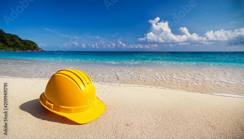 yellow construction hard hat resting on tropical sandy beach with turquoise ocean water contrast of work and relaxation close up