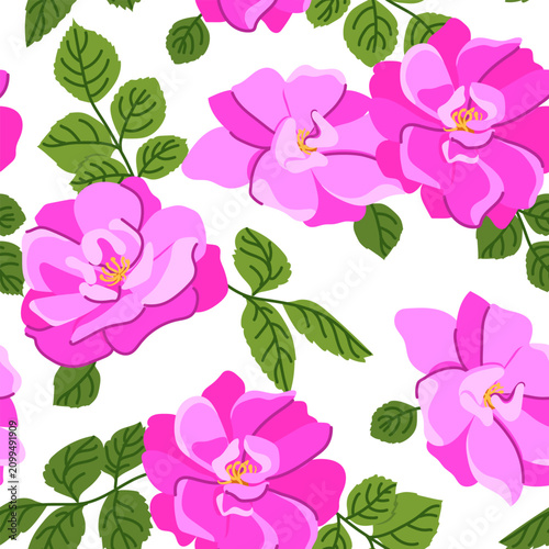 Seamless pattern of pink roses. Vector background with Dog rose, a popular Victorian motif. Clipart for Valentine's Day, weddings, and Mother's Day cards. Suitable for perfumes and cosmetics.
