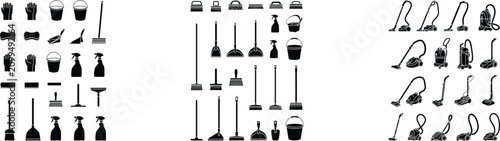 Konstfotografi Collection of black silhouette icons for cleaning supplies and vacuum cleaners o