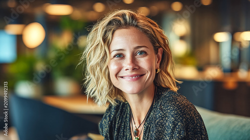 A friendly and confident middle-aged professional woman with blonde hair smiling warmly at the camera in a modern, softly lit office setting, showcasing natural beauty and success.