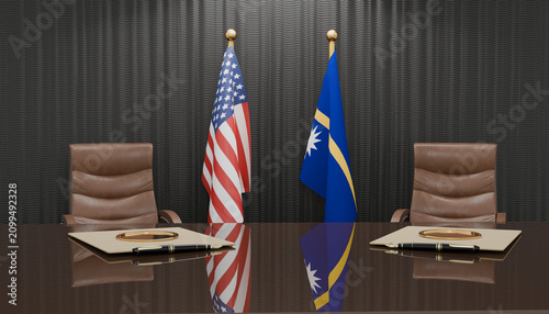 Bild auf Leinwand Bilateral Meeting Setup: An official meeting room prepared for a bilateral discussion, featuring two empty executive chairs positioned between the flags of the United States and Nauru