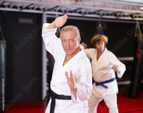 Canvastavla Motivated senior black-belt training kata to maintain strength, flexibility and mental sharpness, illustrating healthy aging benefits of regular martial-arts practice in dojo