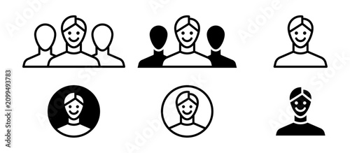 6 iconos de usuarios y grupos para gestión de cuentas que representan perfiles, equipos y comunidades, estilo línea y sólido