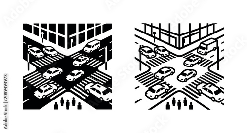 Photos Traffic jam at intersection with cars and pedestrians in two styles
