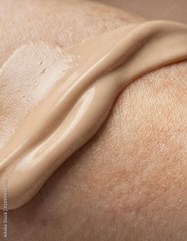 Fototapeta premium Silky cosmetic cream texture spread across natural skin in macro close up