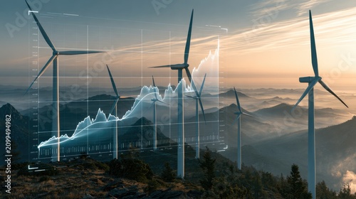 Modern wind power station on green mountain landscape with digital financial growth chart overlay at sunrise, renewable energy  sustainable and clean power technology.