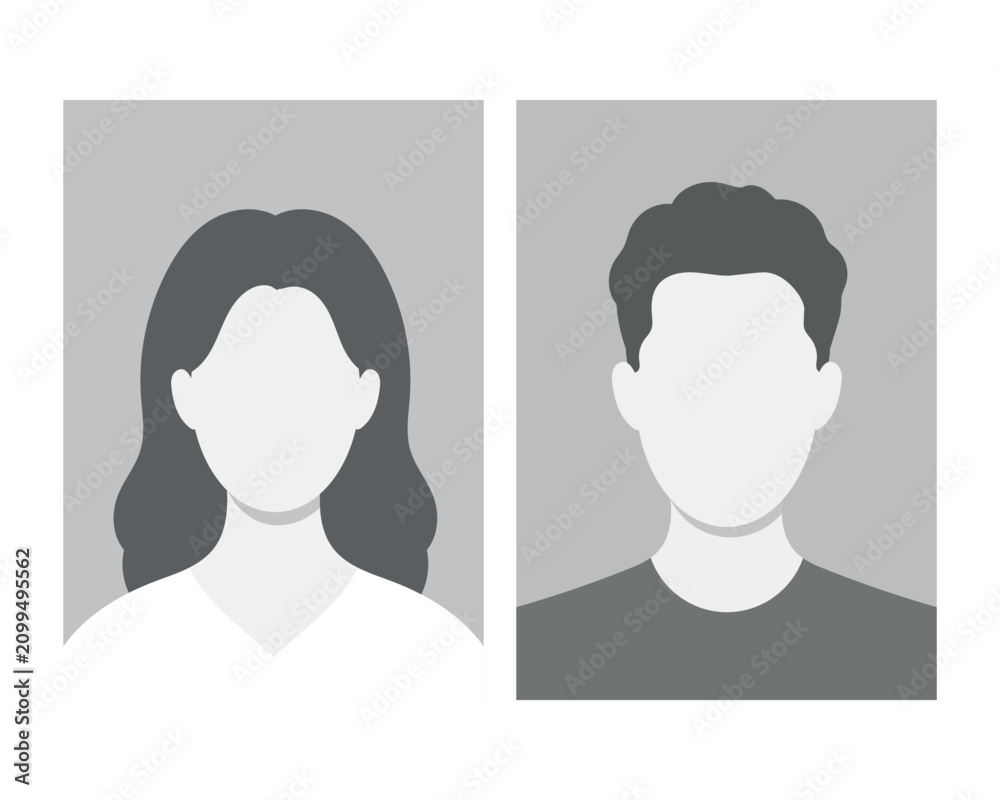 Fototapeta premium Passport photo placeholder set. Male and female profile avatars with blank face for identification documents. Human silhouette icons for resume, cv, or ID card. Flat vector illustration isolated on wh