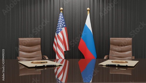 Diplomatic Summit: Two nations' flags stand side-by-side, separated by a polished table and elegant chairs, set in a formal meeting room, symbolizing international relations and negotiation.
