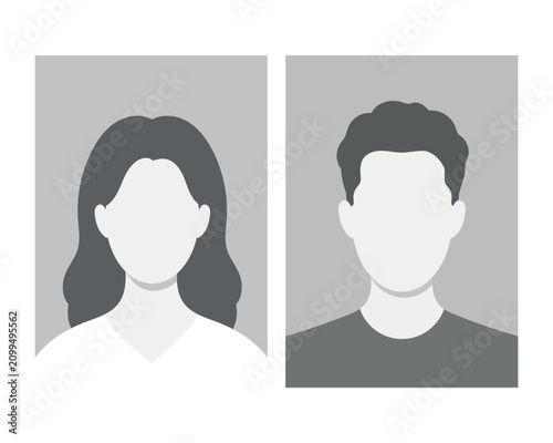 Passport photo placeholder set. Male and female profile avatars with blank face for identification documents. Human silhouette icons for resume, cv, or ID card. Flat vector illustration isolated on wh