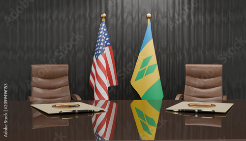 Foto Diplomatic Meeting Room: A formal meeting room set for an important diplomatic discussion, featuring the flags of the United States and Saint Vincent and the Grenadines