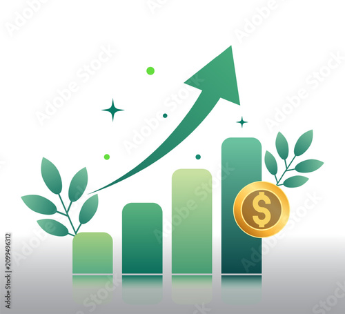 Green bar chart with an upward arrow, gold dollar coin, and leaves symbolizes sustainable financial growth and success on a white background.