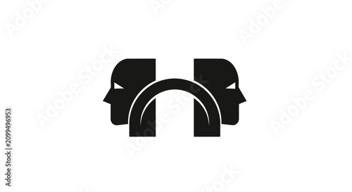 Two mirrored profile faces linked by an arched bridge.