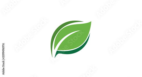 Minimalist green leaf icon on white background.