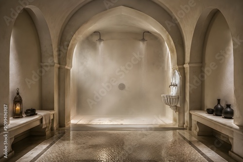 Minimalist Hammam Shower Room With Pale Stone Arches Carved Basin Textured Floor And Diffused Steam