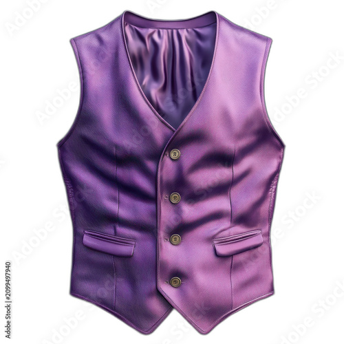 Purple vest with buttons and a button, isolated on transparent background.