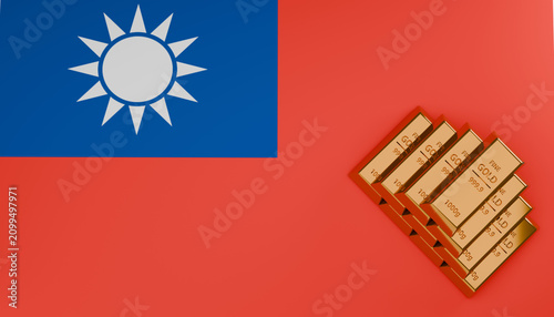 Obraz na płótnie Republic of China Flag and Gold Bars: A top-down view showcases the flag of the Republic of China positioned next to a stack of shiny gold bars, symbolizing wealth and national pride