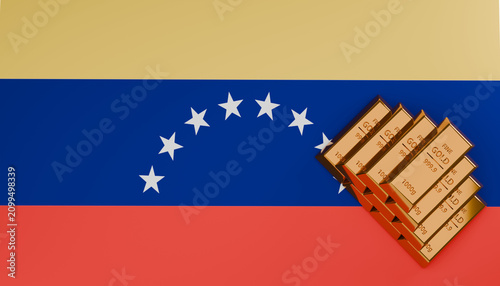 фотографія Gold Reserves of Venezuela: Stacked gold bars rest diagonally on the Venezuelan flag, symbolizing the nation's wealth and economic resources