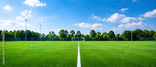 Soccer Field With Bright Green Turf Empty Goals And Clear Blue Sky Sports Landscape Scene