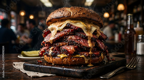 A tall stack of hot pastrami on rye sandwich overflowing with melting cheese and savory meat