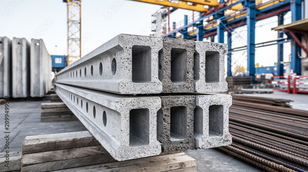 Fototapeta premium Stacked precast concrete I-beams at a construction site factory. Ideal for architectural planning, structural engineering, and building development projects.