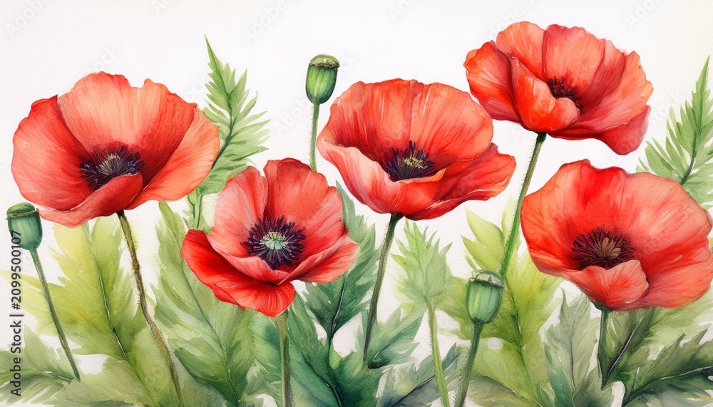 Obraz premium watercolor poppies with green leaves
