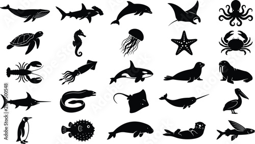Tableau sur toile Deep sea marine wildlife silhouette compilation presenting aquatic animals ocean