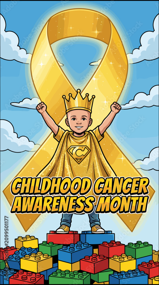 Obraz premium Child superhero with gold ribbon crown on lego blocks.