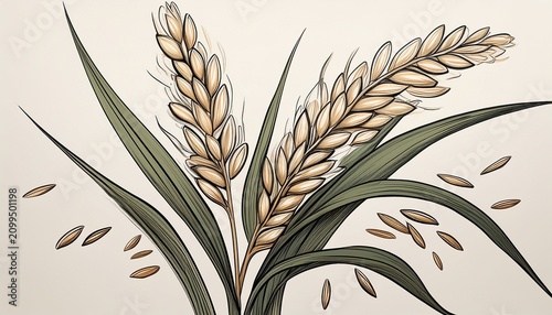 minimalist line art drawing of a single rice plant with grains and leaves