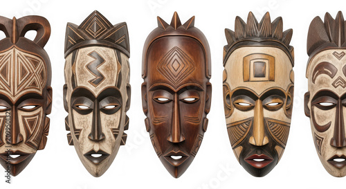 Set of five traditional african wooden masks isolated on transparent background