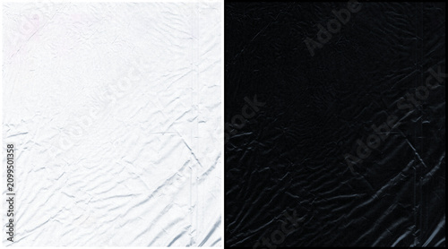 Foto Crumpled plastic wrap texture set, black and white wrinkled cellophane backgroun