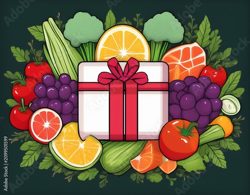 gift box surrounded by fresh fruits and vegetables frame
