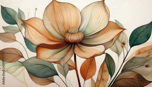 simple bohemian boho flower in earthy tones beige brown muted green simple line fall vibes watercolor