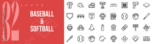 Photos Baseball Softball Sport 32 Outline Icons Vector Set
