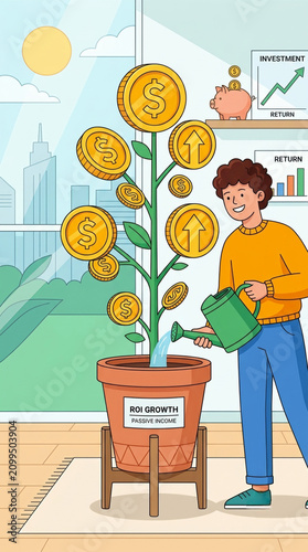 Vector illustration of a smiling man watering a growing money tree with gold coins representing passive income and ROI growth.