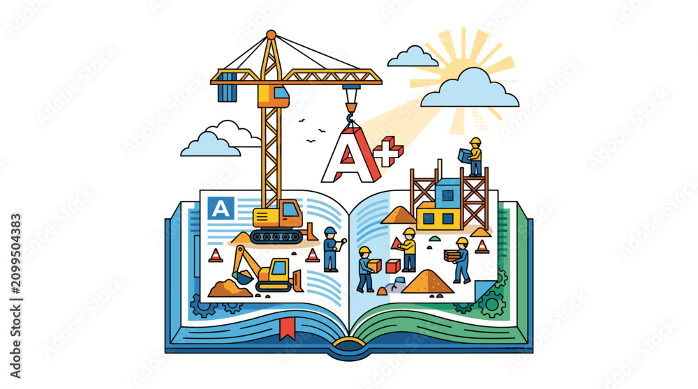 Fototapeta premium Construction pop up book with crane and buildings