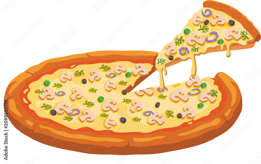© fazadinoo - A Deliciously Golden-Crusted Pizza with Savory Toppings and a Mouthwatering Slice Being Pulled Away, Revealing Glorious Strings of Melted Cheese