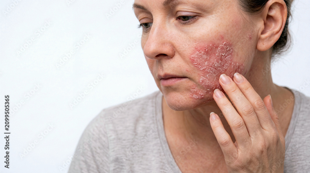 Fototapeta premium Female patient with severe psoriasis facial inflammation during dermatology examination showing chronic skin irritation, redness, scaling and medical assessment symptoms, copy space background